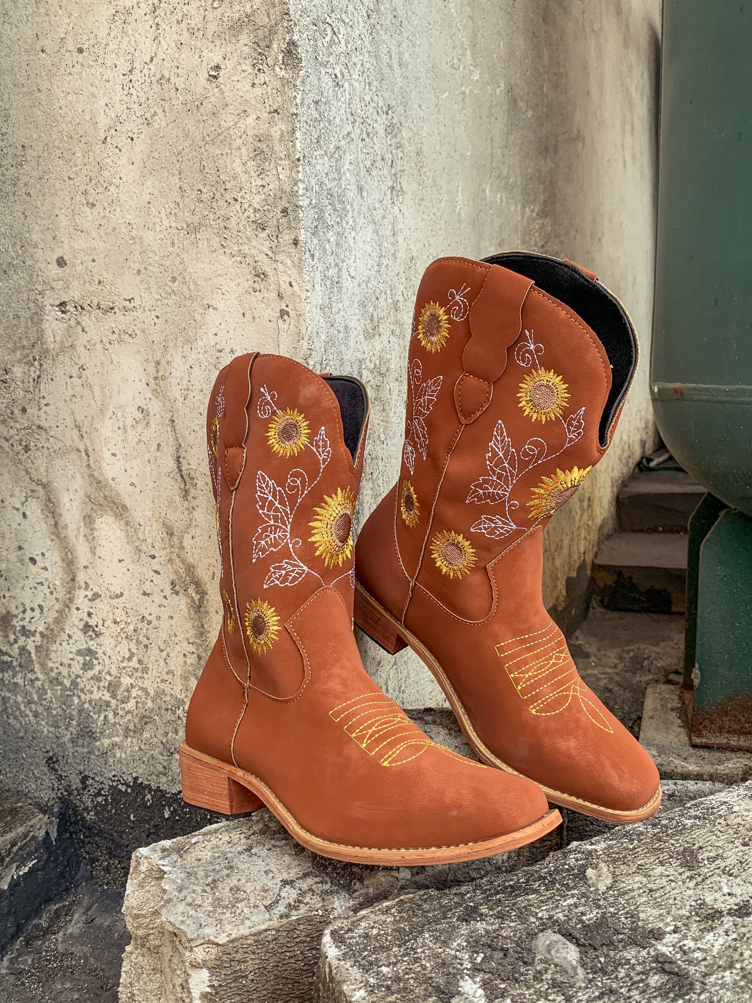 En Bloom | Orange Sunflower Embroidered Knee Cowboy Boots