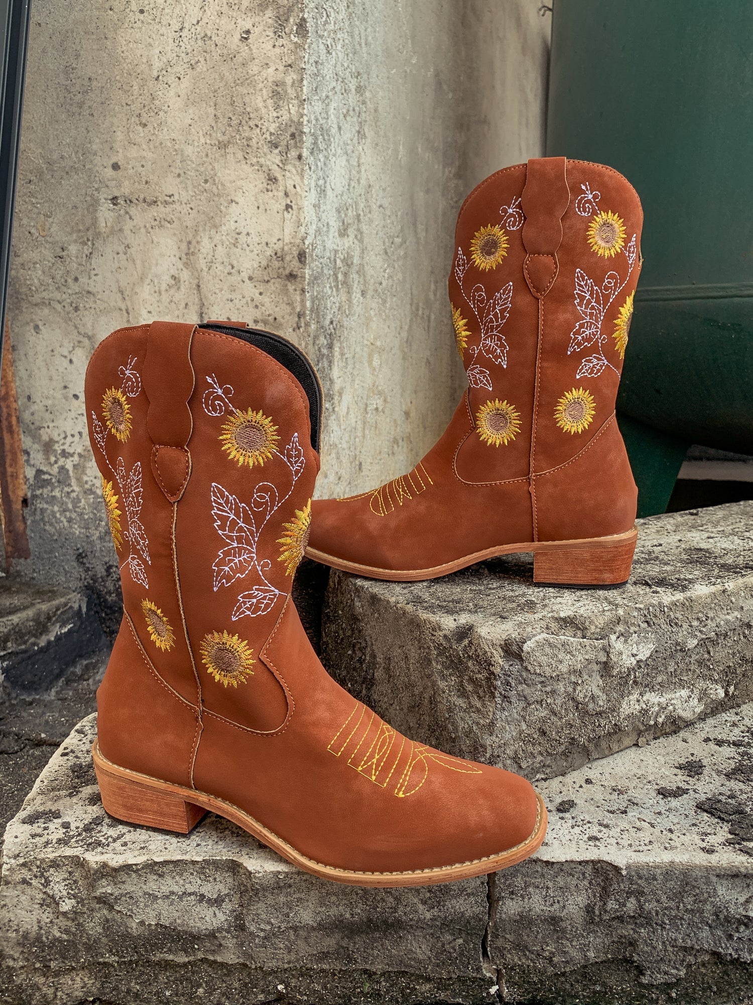 En Bloom | Orange Sunflower Embroidered Knee Cowboy Boots