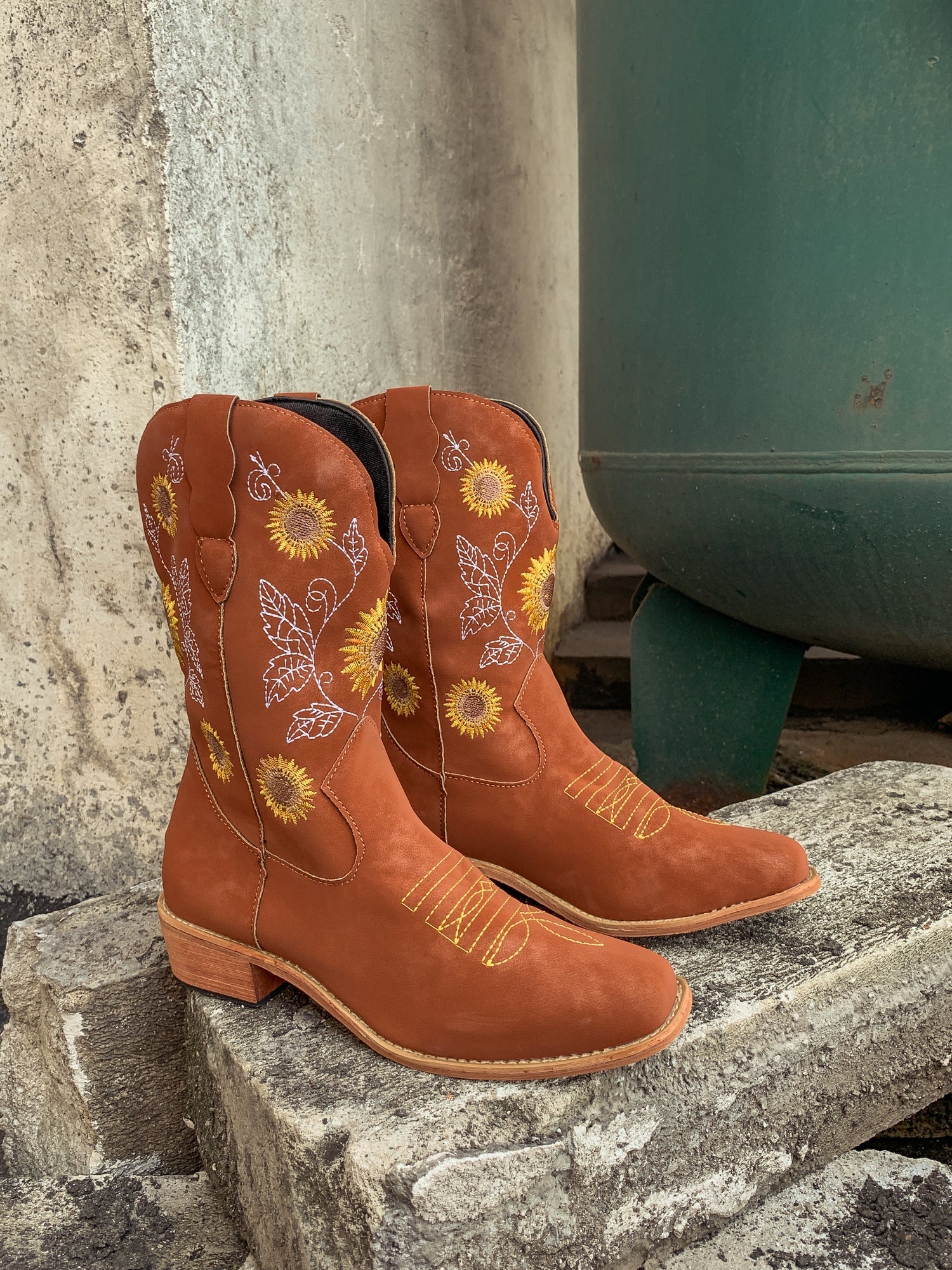 En Bloom | Orange Sunflower Embroidered Knee Cowboy Boots