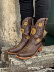 En Bloom | Brown Sunflower Embroidered Cowboy Knee Boots