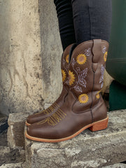 En Bloom | Brown Sunflower Embroidered Cowboy Knee Boots