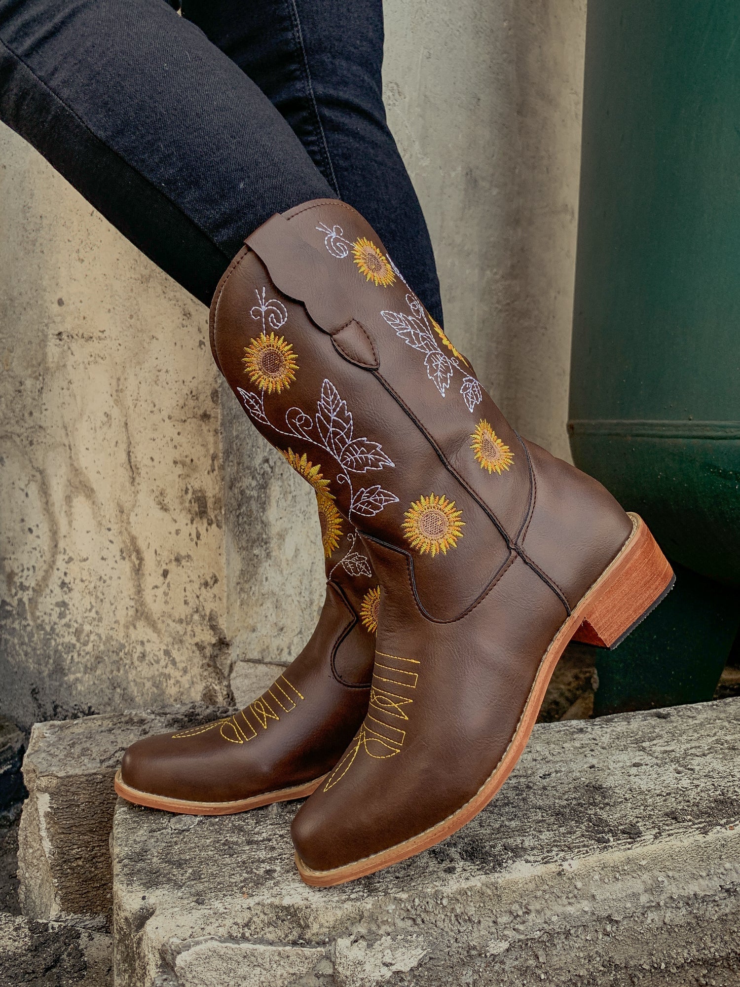 En Bloom | Brown Sunflower Embroidered Cowboy Knee Boots