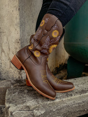 En Bloom | Brown Sunflower Embroidered Cowboy Knee Boots