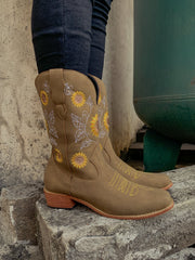 En Bloom | Khaki Sunflower Embroidered Knee Cowboy Boots