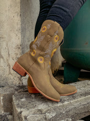 En Bloom | Khaki Sunflower Embroidered Knee Cowboy Boots