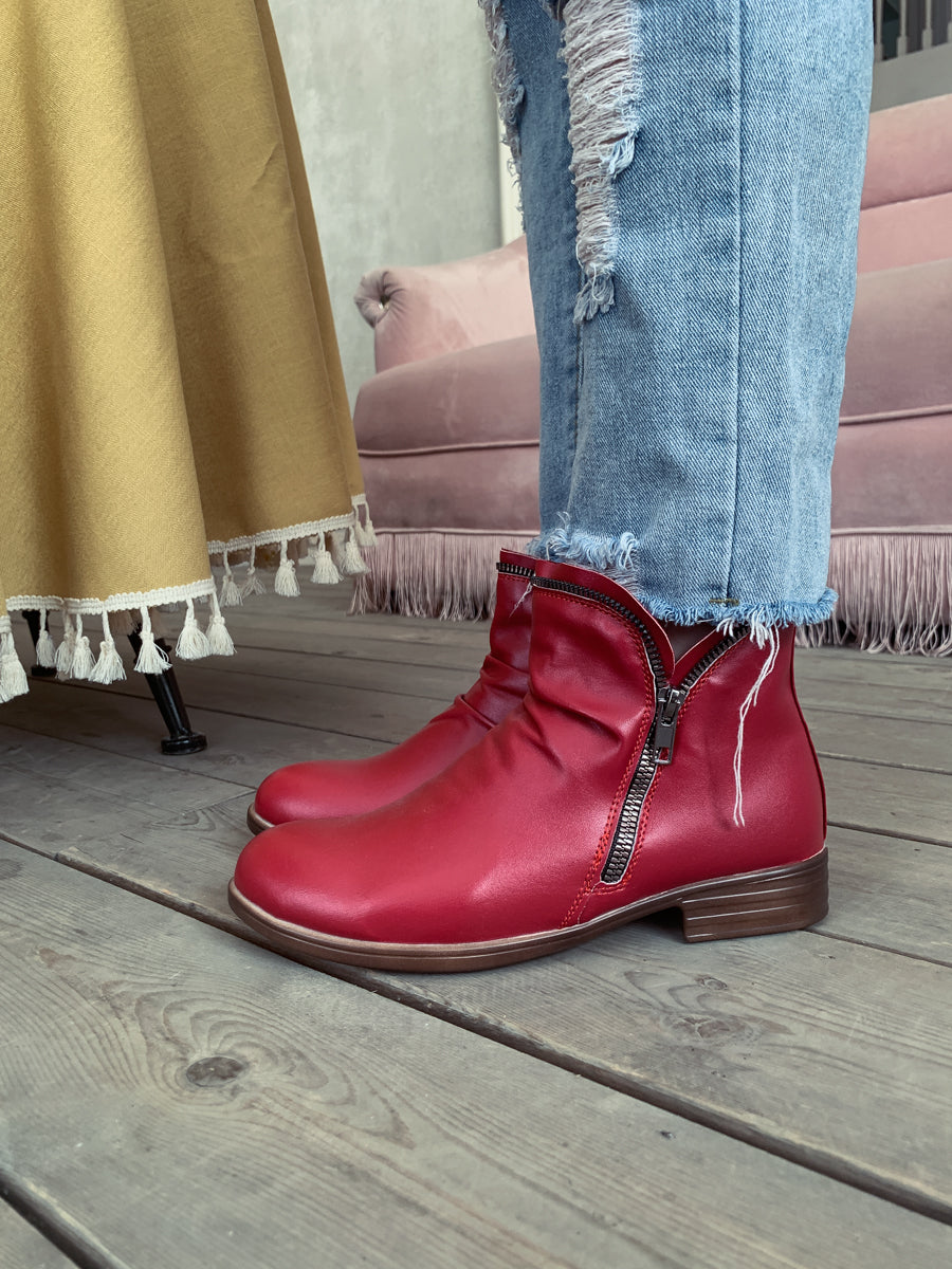 En Bloom | Red Side Zip Ruched Ankle Boot