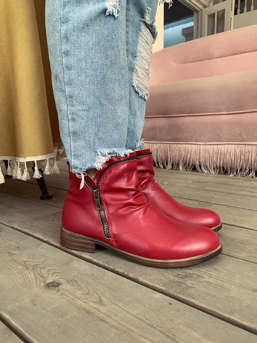 En Bloom | Red Side Zip Ruched Ankle Boot