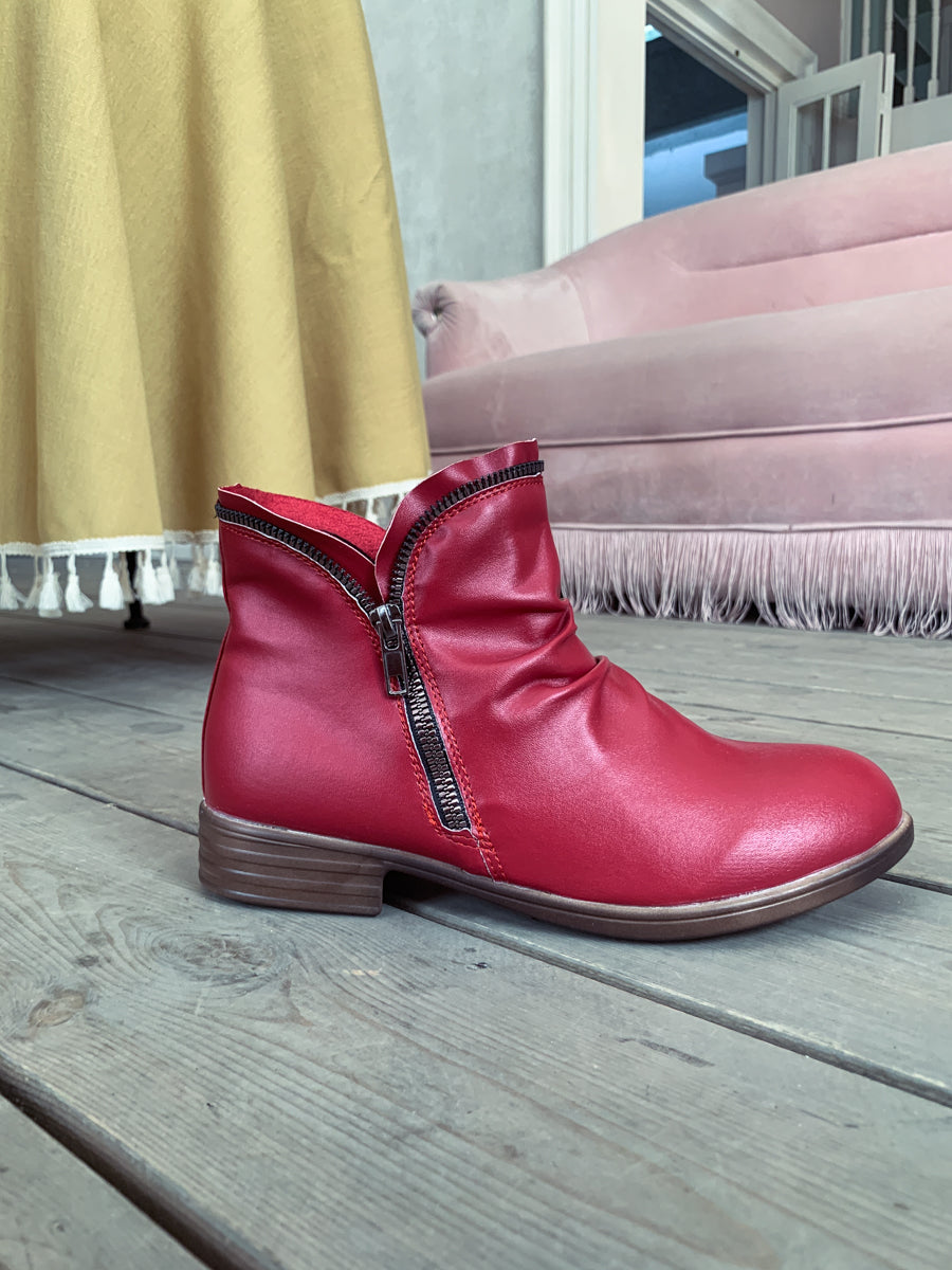 En Bloom | Red Side Zip Ruched Ankle Boot