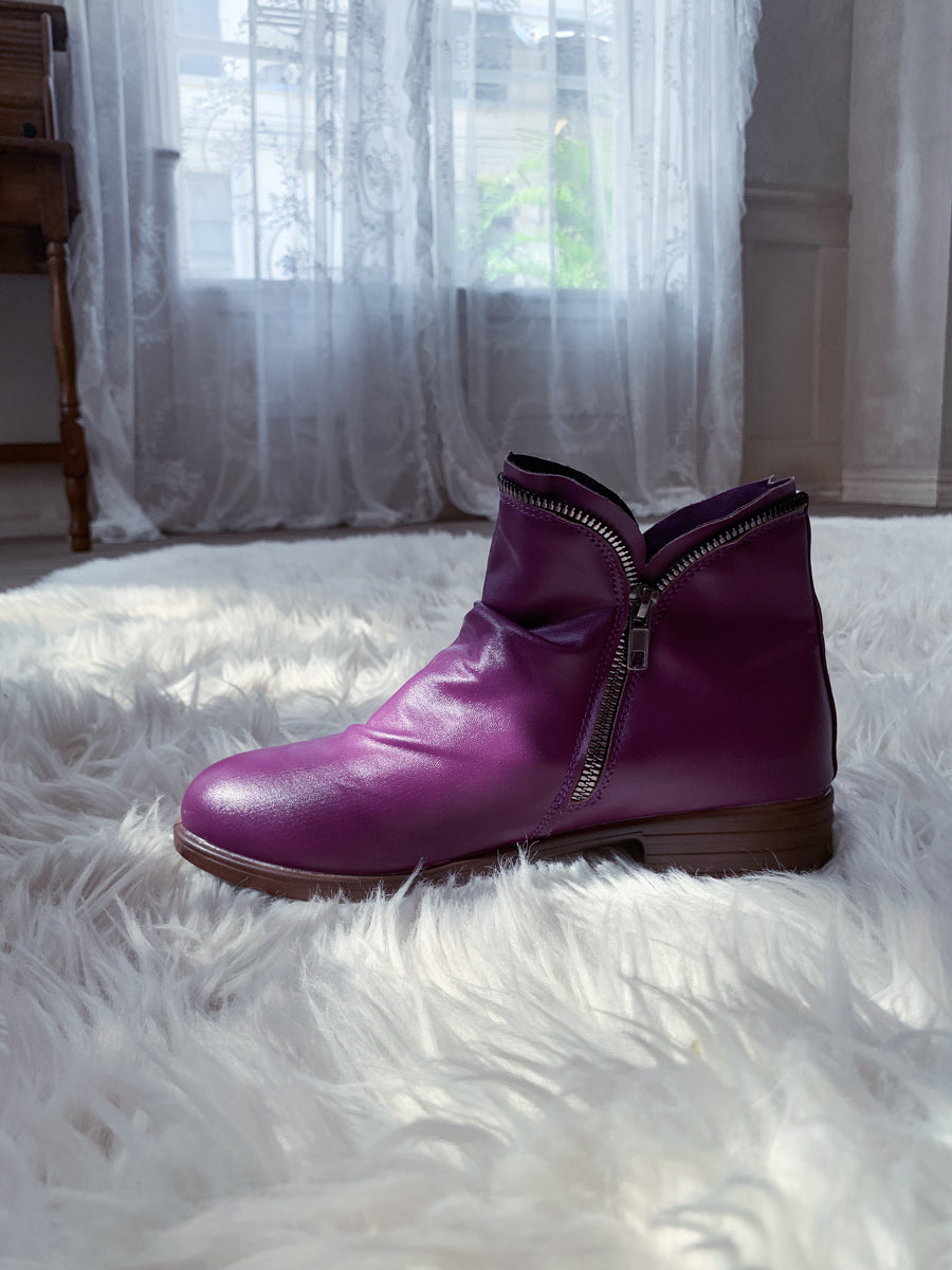 En Bloom | Purple Side Zip Ruched Ankle Boot