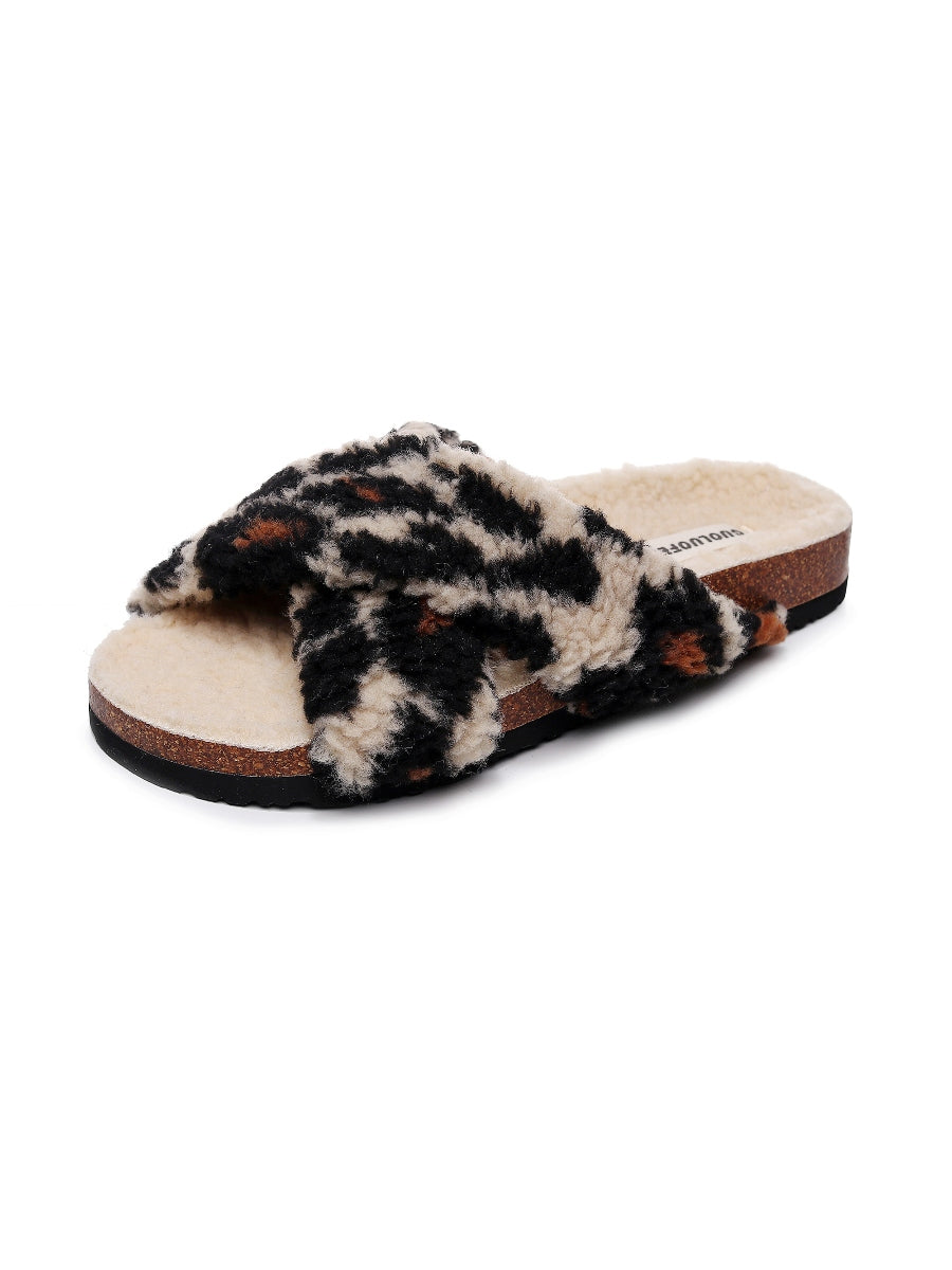 Maibulun | Leopard Criss-Cross Fleece Slipper - Brown