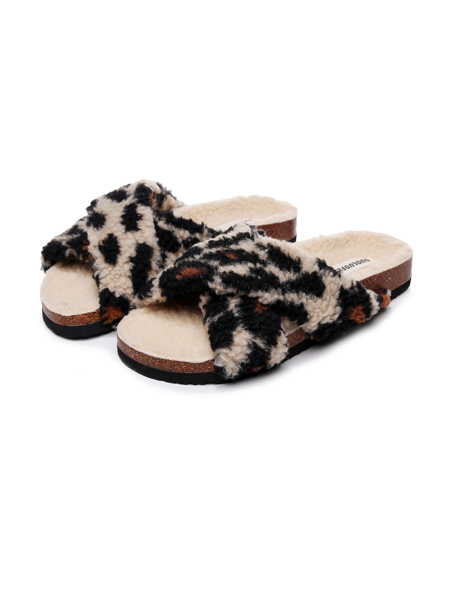 Maibulun | Leopard Criss-Cross Fleece Slipper - Brown