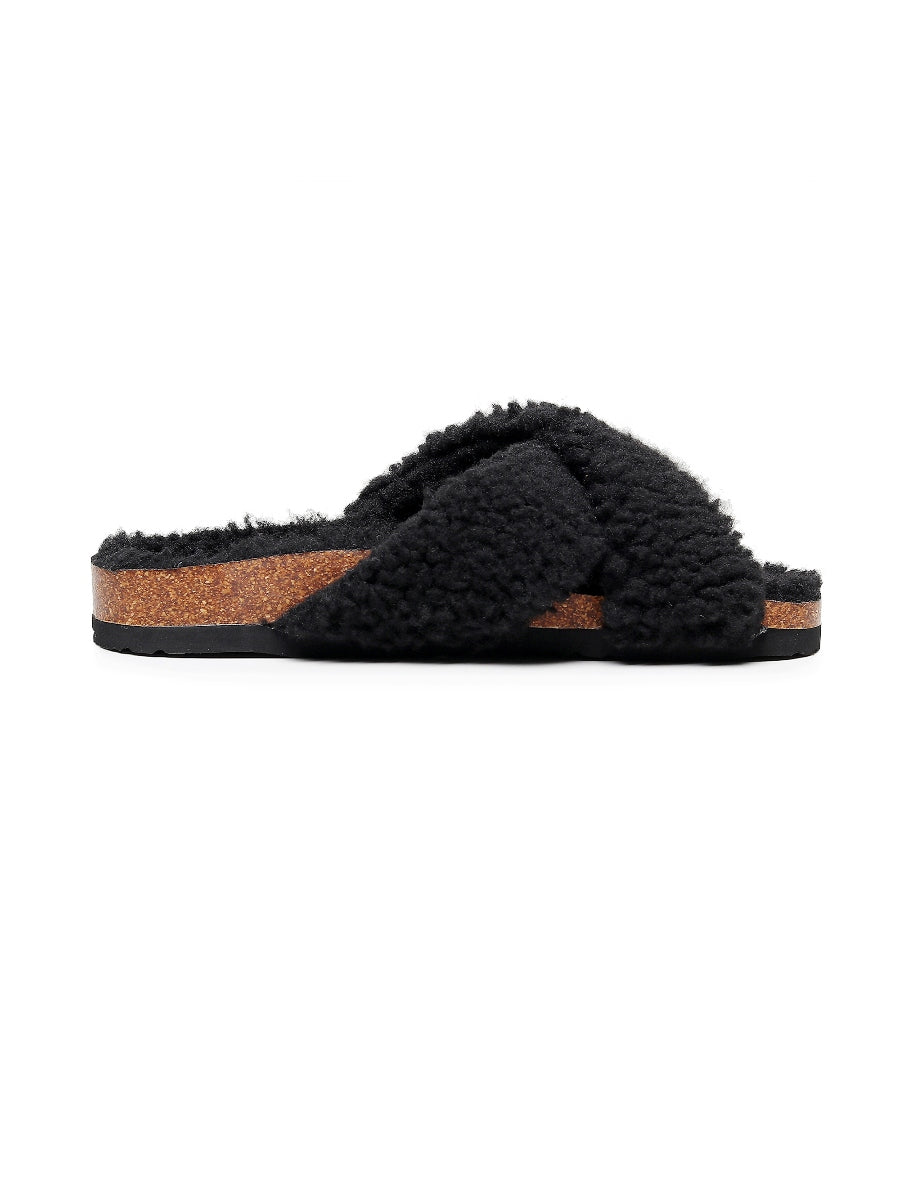 Maibulun | Criss-Cross Fleece Slipper - Black