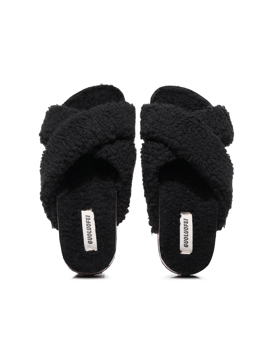 Maibulun | Criss-Cross Fleece Slipper - Black