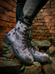 En Bloom | Grey Skull Rose Ankle Flat Combat Boots