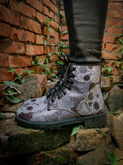 En Bloom | Grey Skull Rose Ankle Flat Combat Boots