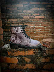 En Bloom | Grey Skull Rose Ankle Flat Combat Boots