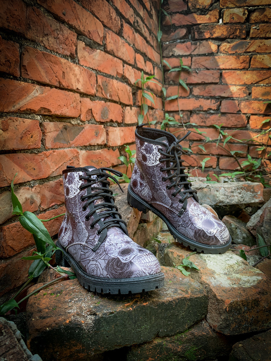 En Bloom | Grey Skull Rose Ankle Flat Combat Boots