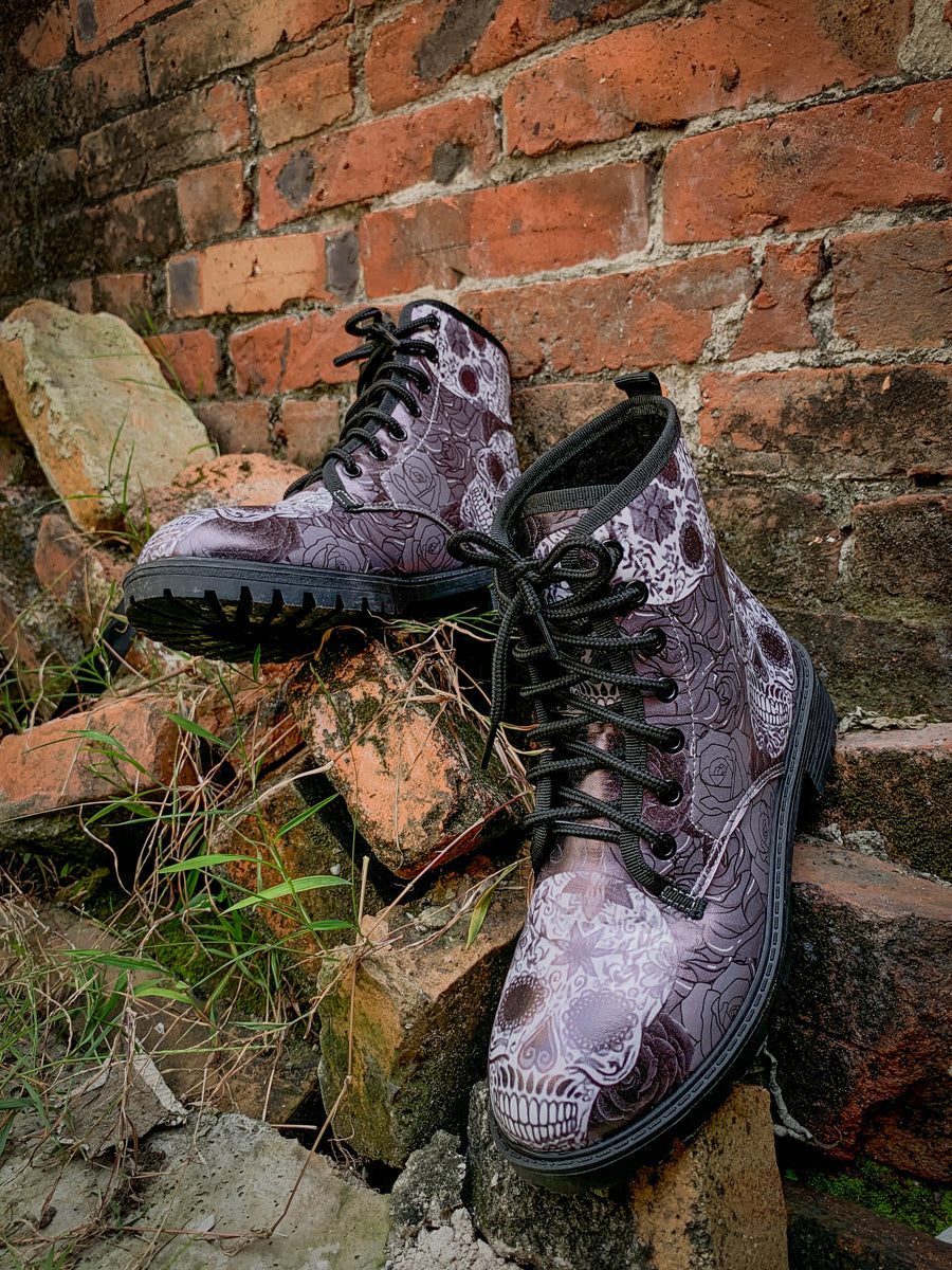 En Bloom | Grey Skull Rose Ankle Flat Combat Boots