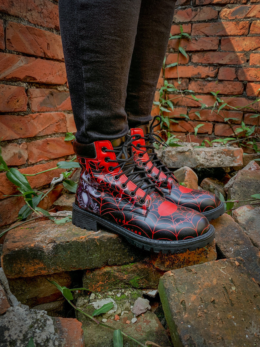 En Bloom | Spider Web Skull Comedian Ankle Flat Combat Boots