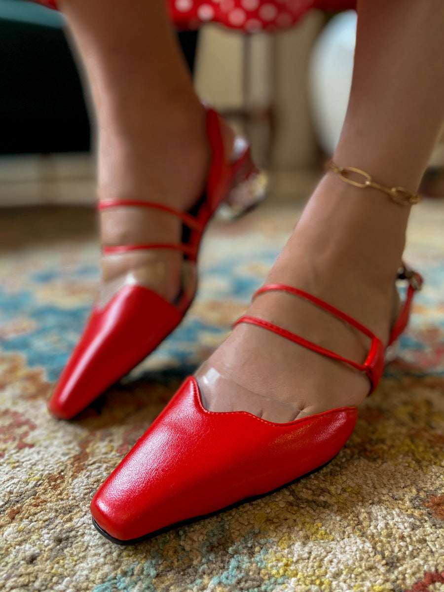 JadyRose | Sharp Toe Strap Detailed Leather Slingbacks - Red