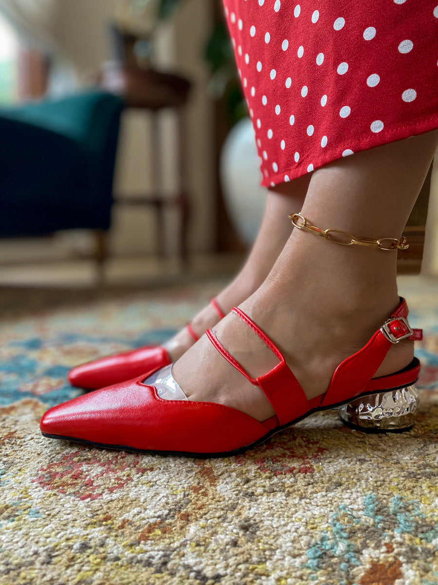 JadyRose | Sharp Toe Strap Detailed Leather Slingbacks - Red