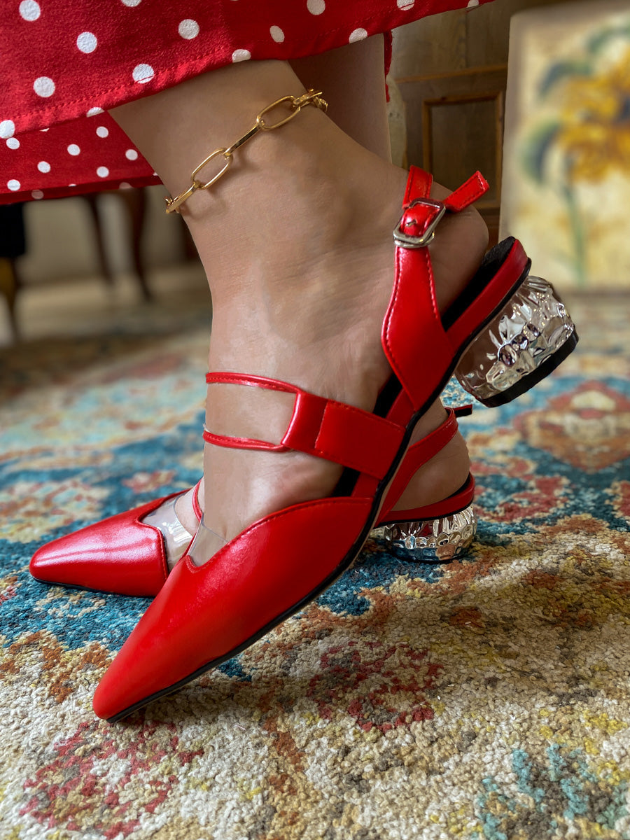 JadyRose | Sharp Toe Strap Detailed Leather Slingbacks - Red