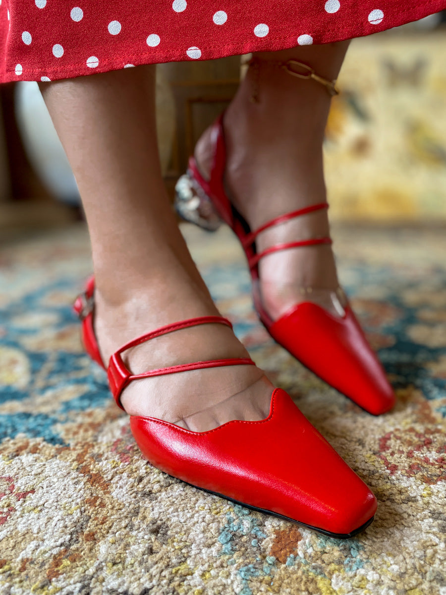 JadyRose | Sharp Toe Strap Detailed Leather Slingbacks - Red