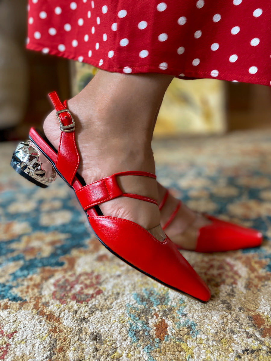 JadyRose | Sharp Toe Strap Detailed Leather Slingbacks - Red