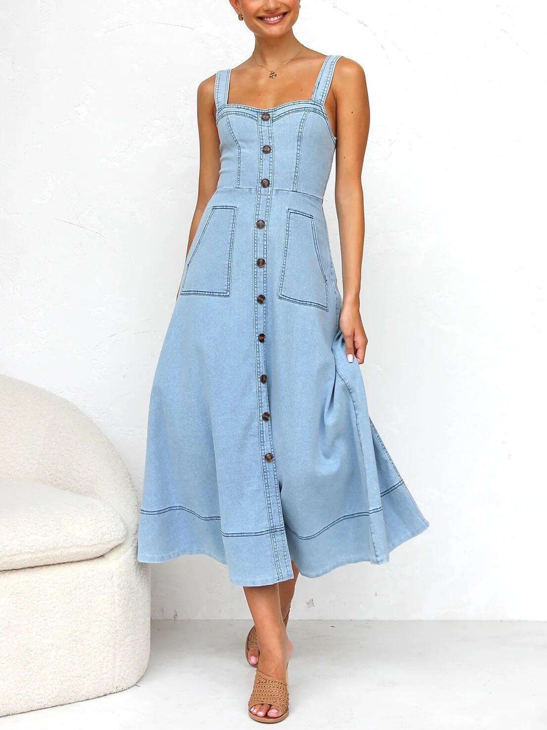 Denim Suspender Casual Button Midi Dress