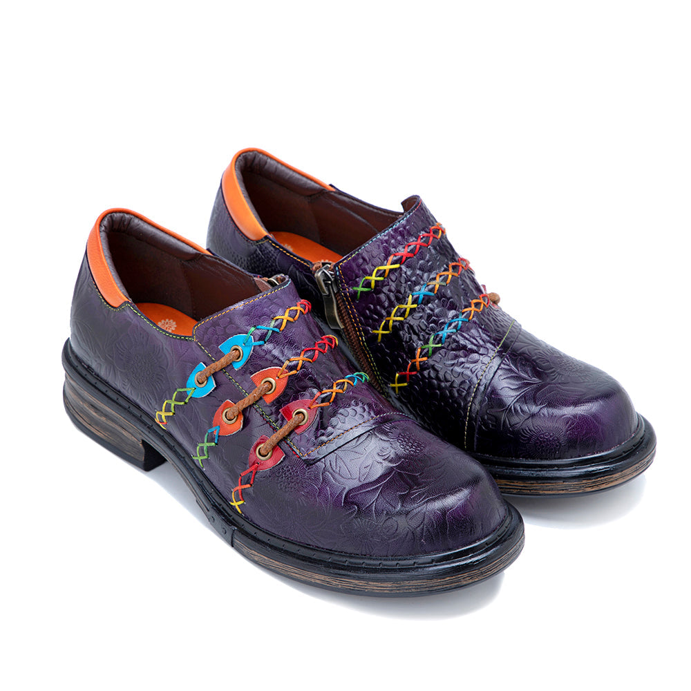 Soffia | Rainbow Stitch Embossed Genuine Leather Sneakers