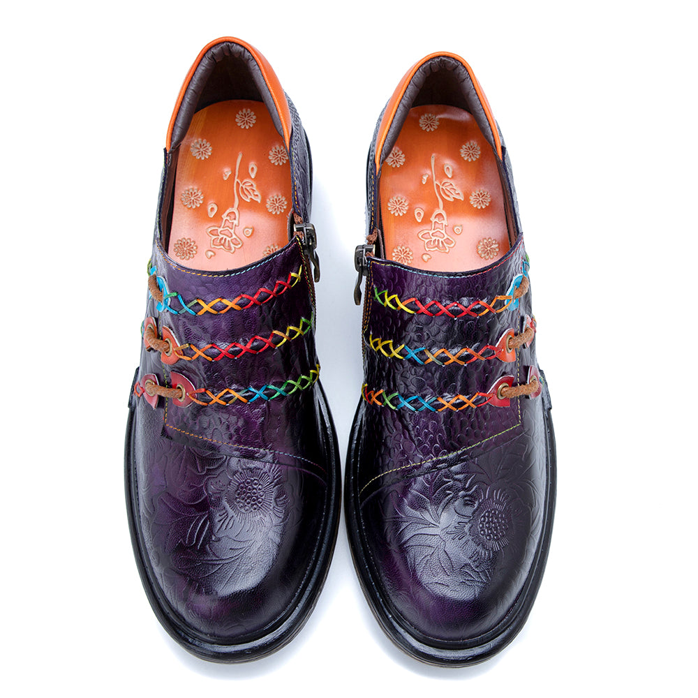 Soffia | Rainbow Stitch Embossed Genuine Leather Sneakers