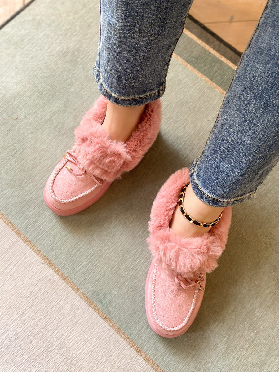 En Bloom | Pink Faux-Fur Anklet Yana Moccasin