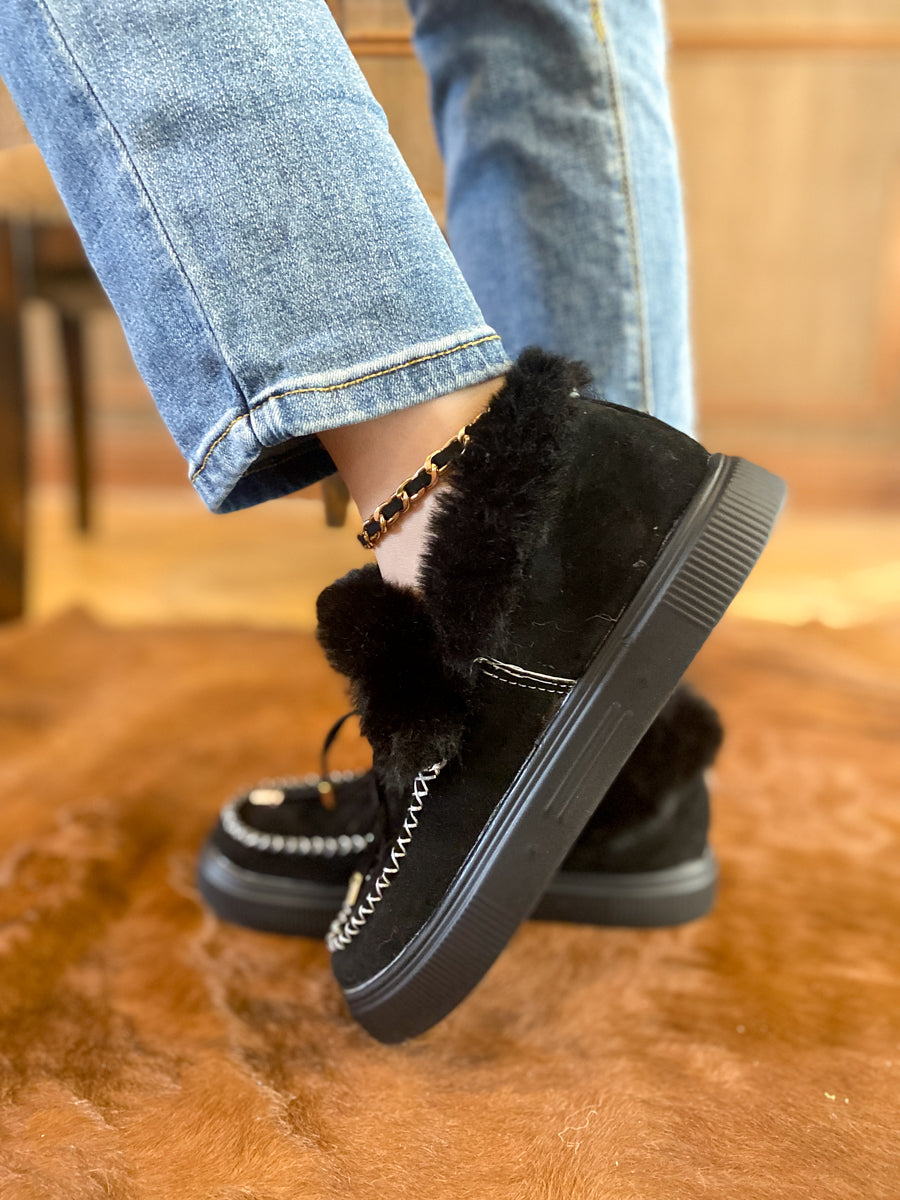 En Bloom | Black Faux-Fur Anklet Yana Moccasin