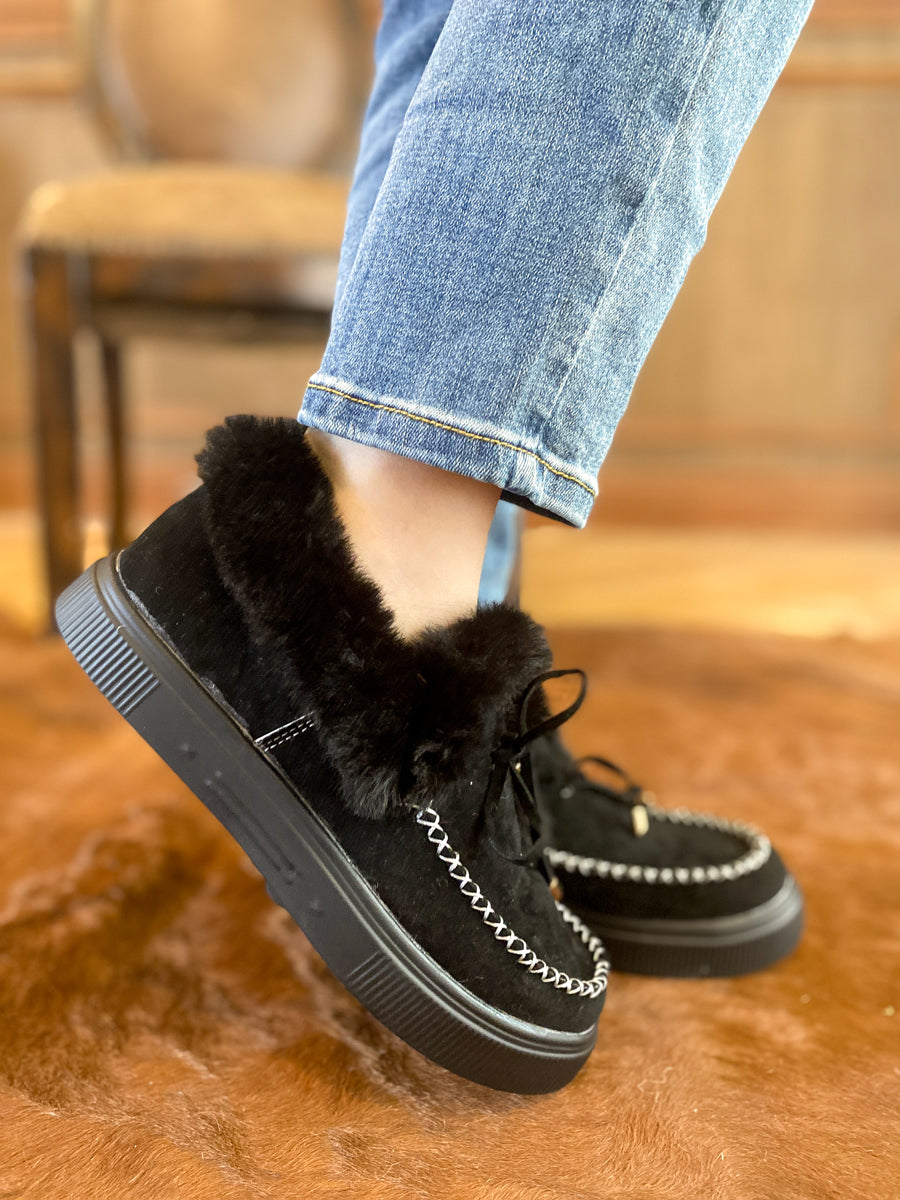 En Bloom | Black Faux-Fur Anklet Yana Moccasin