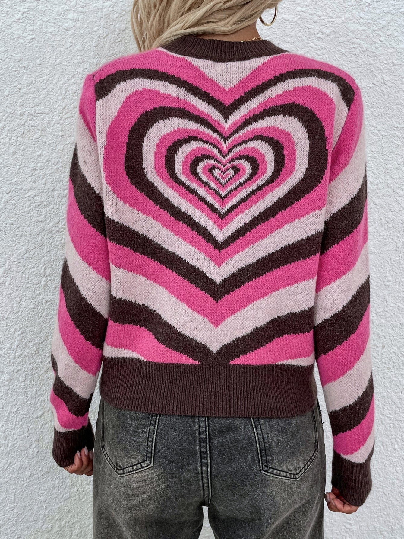 Smaibulun | Brown Pink Heart Ring Knit Top