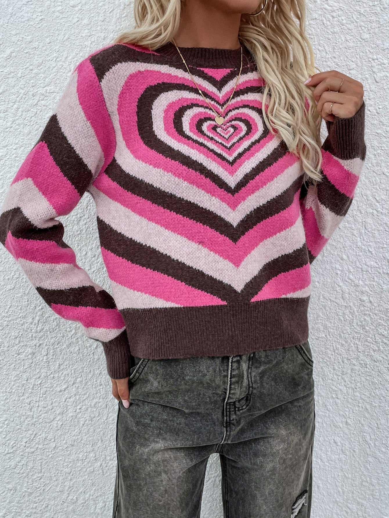 Smaibulun | Brown Pink Heart Ring Knit Top