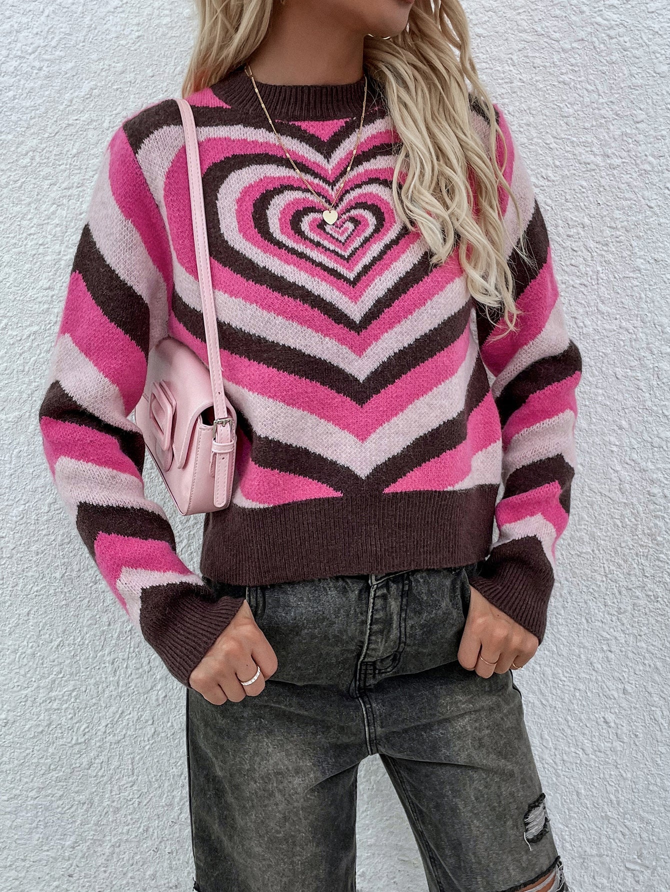 Smaibulun | Brown Pink Heart Ring Knit Top