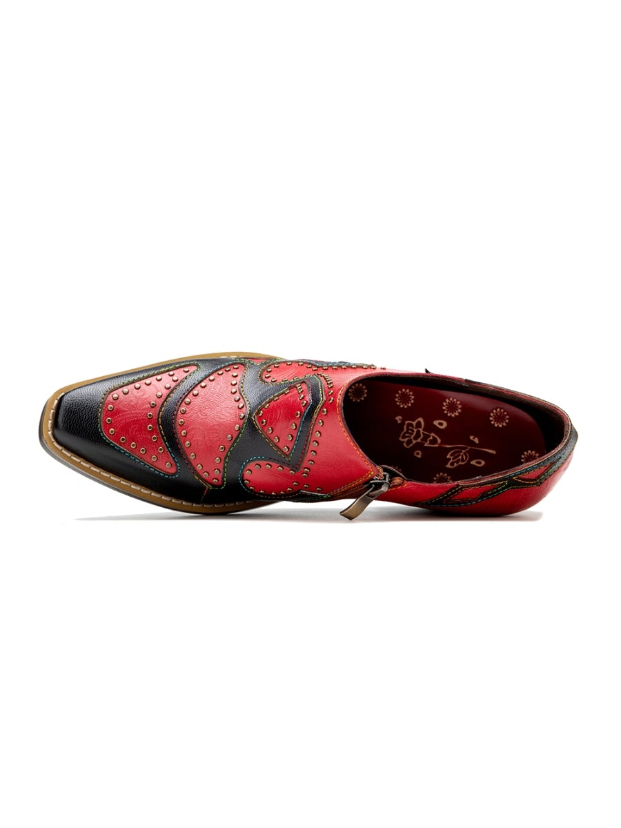 SOFFIA | Studded Red & Black Genuine Leather Loafers Pumps