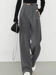 Iaka Solid Grey Middle Waist Pocket Straight Leg Pants