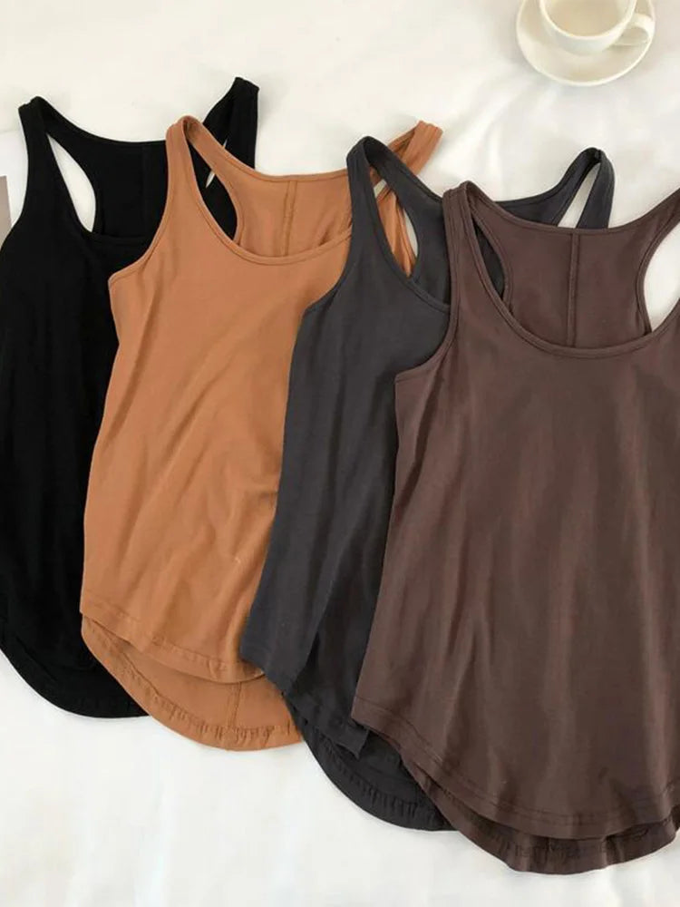 Irregular Tank Tops Summer O-neck Black Casual Sleeveless Tshirt Top Solid Color Loose Basic Camisole Female Fitness Sport Vest