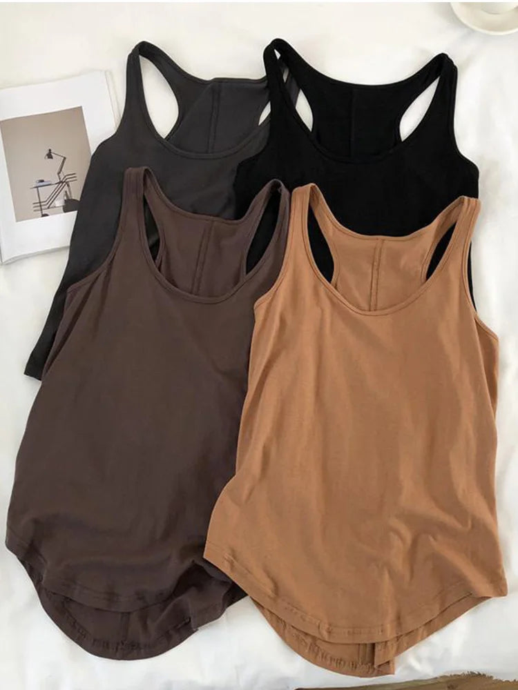 Irregular Tank Tops Summer O-neck Black Casual Sleeveless Tshirt Top Solid Color Loose Basic Camisole Female Fitness Sport Vest