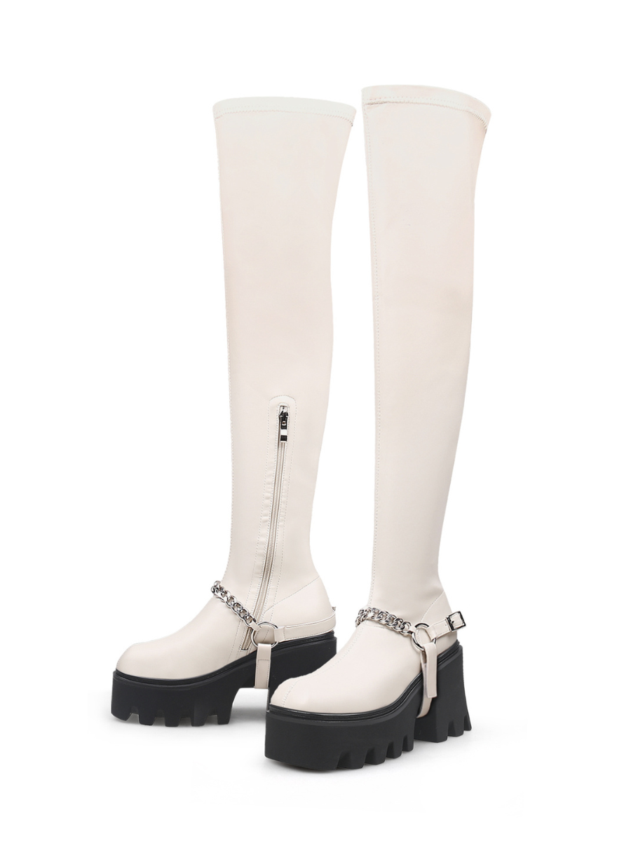 JADY ROSE | LUG SOLE CHAIN STRAP OVER KNEE LEATHER BOOT - IVORY