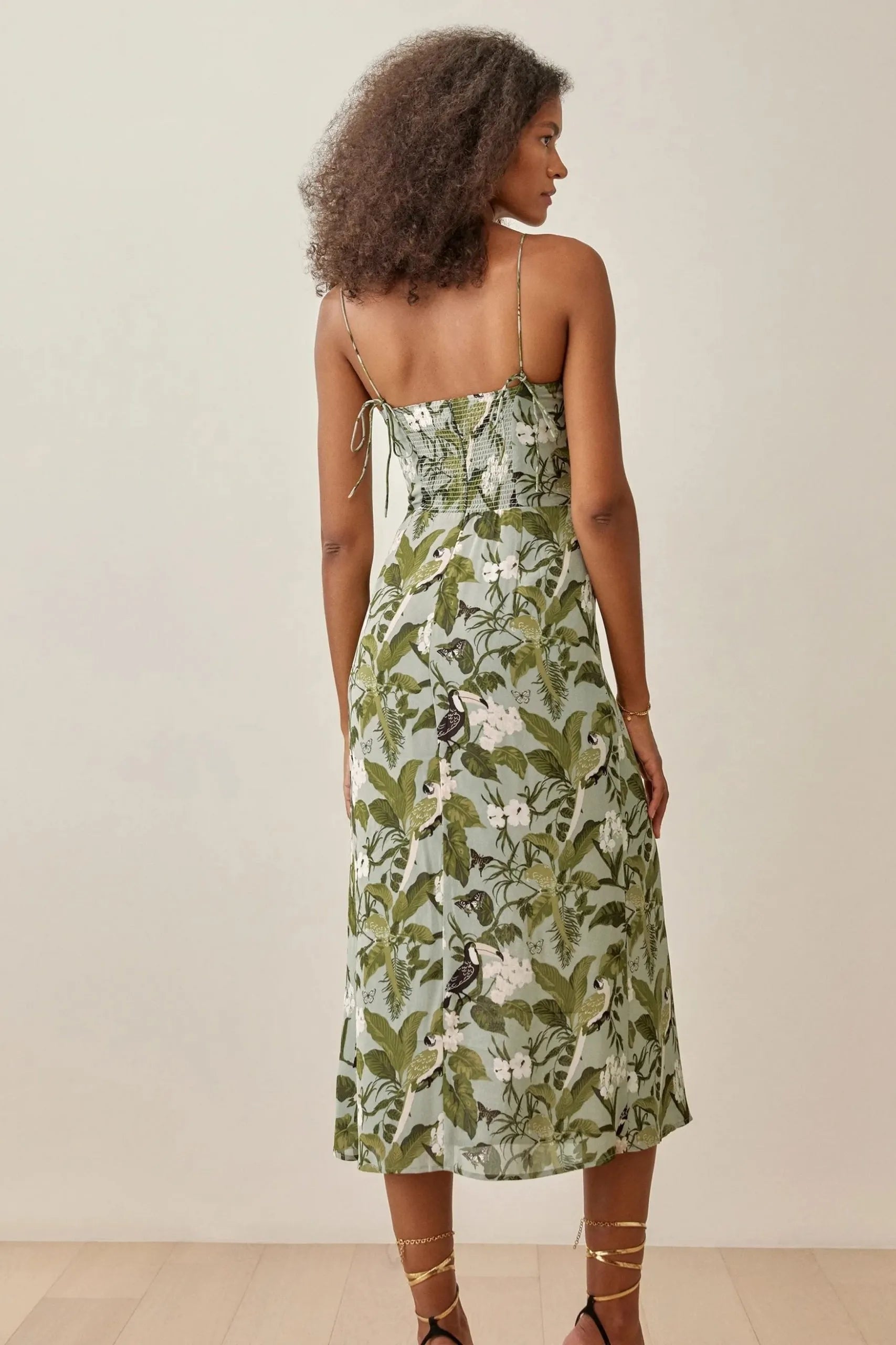 Floral Cami Slit Ruched Backless Mid Dress