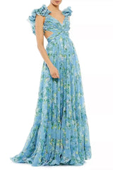 Floral V-Neck Cut-Out Ruffle Hem Maxi Dress Blue