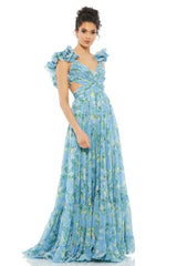 Floral V-Neck Cut-Out Ruffle Hem Maxi Dress Blue