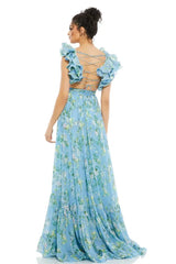 Floral V-Neck Cut-Out Ruffle Hem Maxi Dress Blue