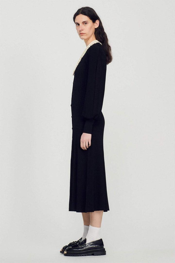 Lantern Sleeve Lapel Knit Midi Dress Black