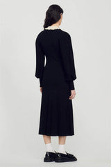 Lantern Sleeve Lapel Knit Midi Dress Black