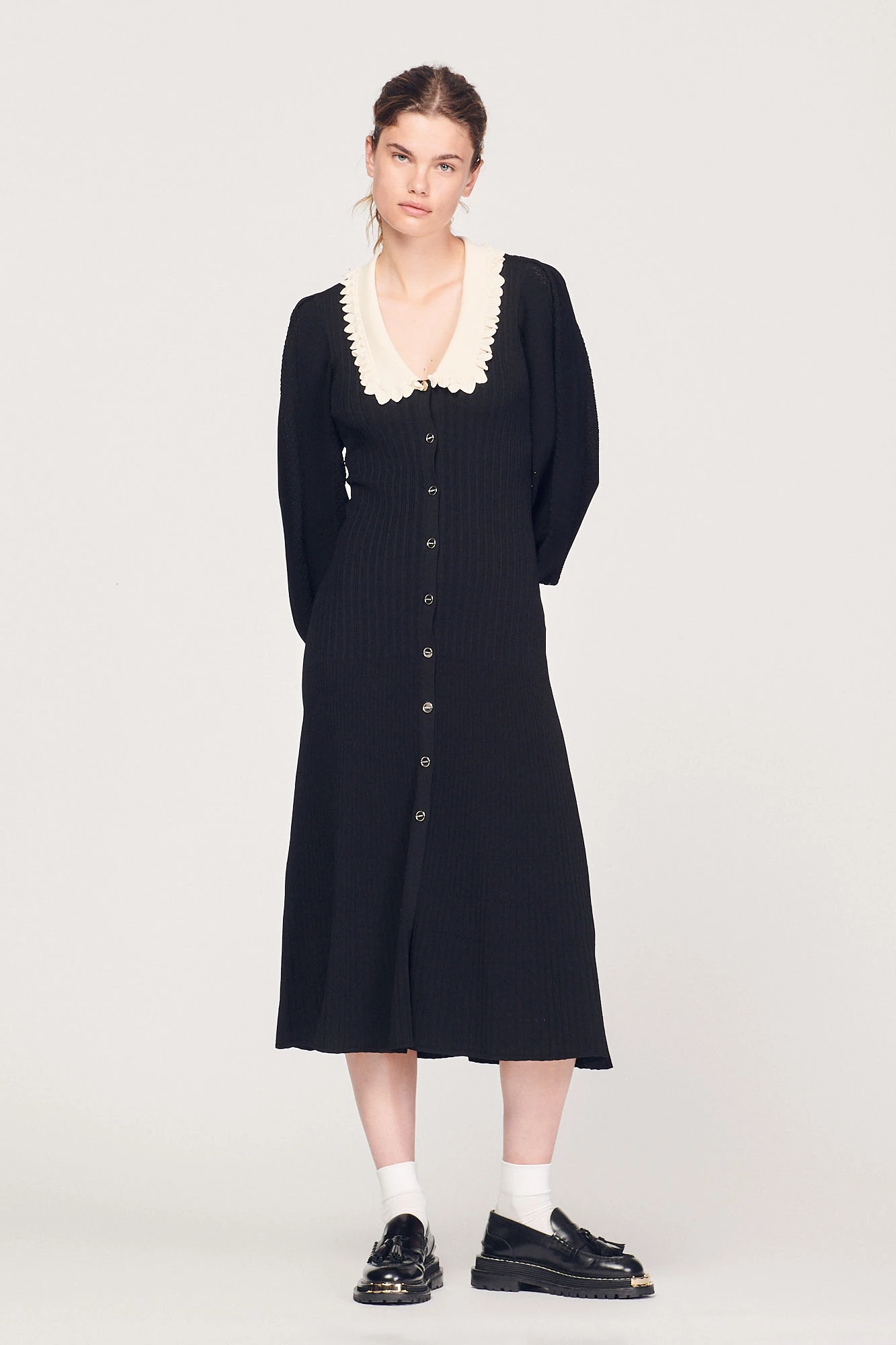 Lantern Sleeve Lapel Knit Midi Dress Black