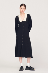 Lantern Sleeve Lapel Knit Midi Dress Black